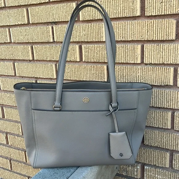 Tory Burch Gray Structured Leather Tote - Picture 2 of 15